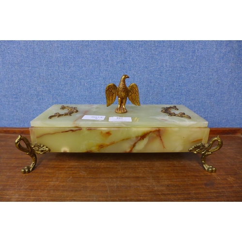 397 - An Italian onyx and brass mounted desk tidy