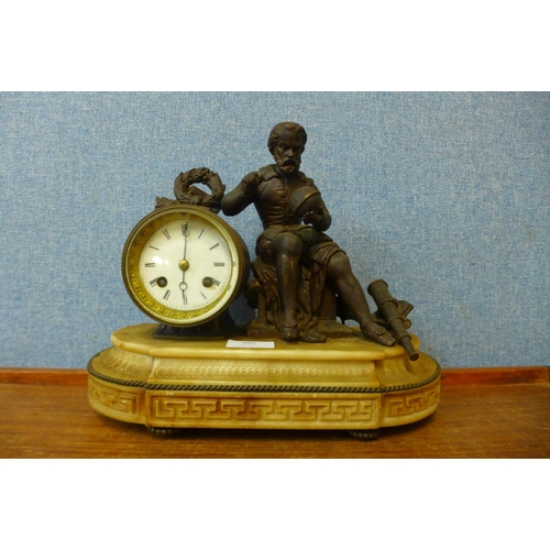 402 - A 19th Century French bronze effect and alabaster figural mantel clock