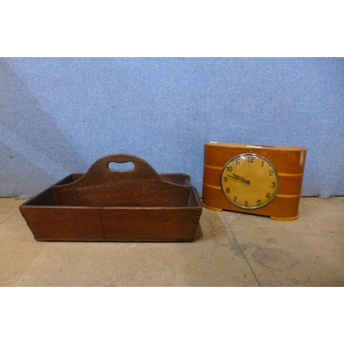 405 - A Victorian mahogany cutlery tray and a money box clock