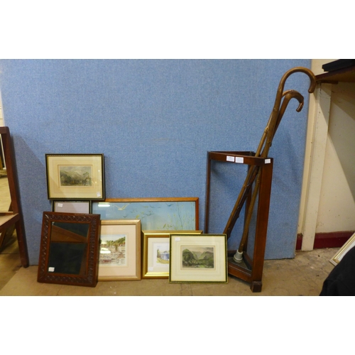 406 - An Art Deco oak stick stand, a metal bound pine box, assorted prints, etc.