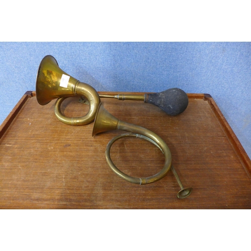 422 - Two brass car horns