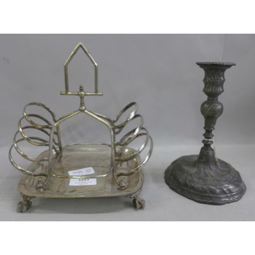 1213 - A silver plated toast rack, 1762 and an 18th Century pewter stick