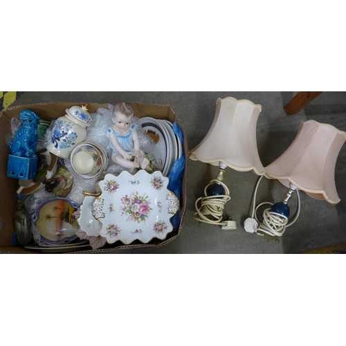 1216 - Two table lamps, mixed china including a Hammersley dish, Chinese temple dog, etc. **PLEASE NOTE THI... 