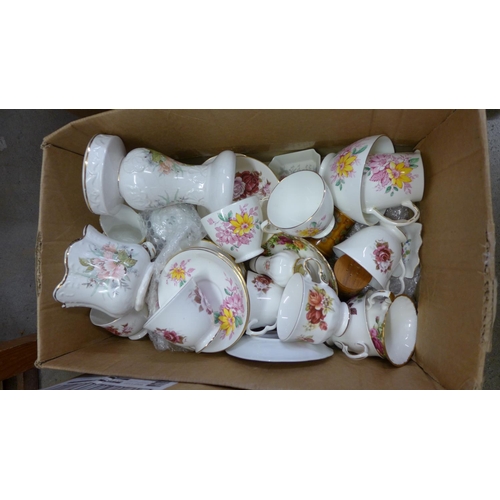 1218 - Three boxes of mixed china, Royal Crown Derby, Tudor, etc. **PLEASE NOTE THIS LOT IS NOT ELIGIBLE FO... 