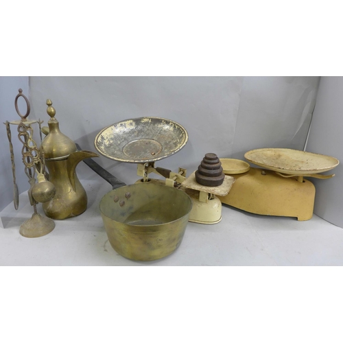 1231 - Two sets of kitchen scales, a brass jam pan, companion set, etc. (two boxes) **PLEASE NOTE THIS LOT ... 