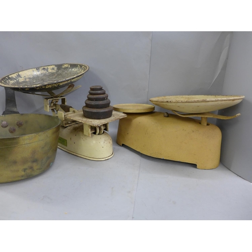 1231 - Two sets of kitchen scales, a brass jam pan, companion set, etc. (two boxes) **PLEASE NOTE THIS LOT ... 