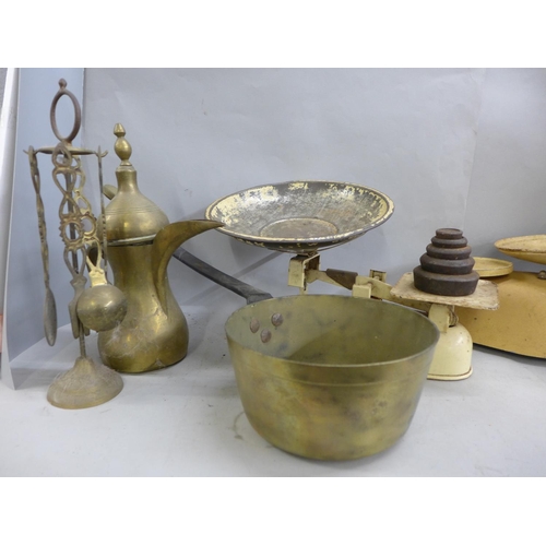 1231 - Two sets of kitchen scales, a brass jam pan, companion set, etc. (two boxes) **PLEASE NOTE THIS LOT ... 