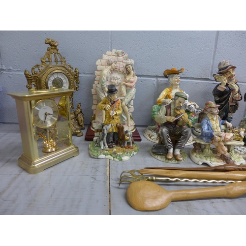 1237 - Capodimonte style figures and other china and two orange glass table lamps and a carriage and mantel... 