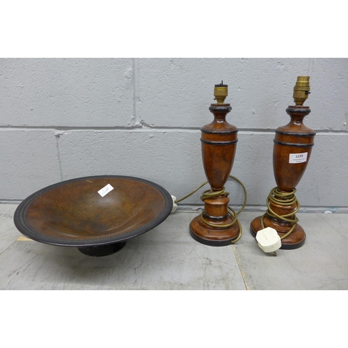 1239 - A pair of wooden table lamps and a metal tazza