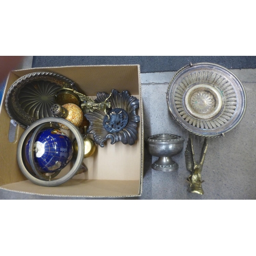 1254 - A collection of metalware including an inlaid globe on stand, silver plated items, etc. **PLEASE NOT... 