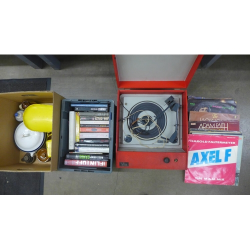 1259 - A collection of items including metal scales, a box of books, records, record player and other china... 