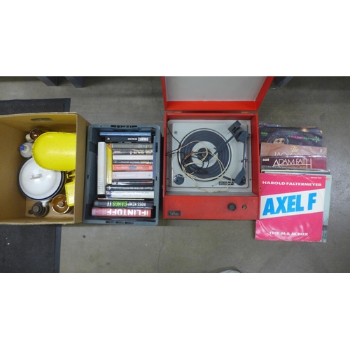 1259 - A collection of items including metal scales, a box of books, records, record player and other china... 