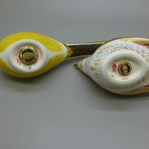 652 - A pair of Royal Crown Derby Bird paperweights - Nightingale, dated 2005, and  Yellow Wagtail, date m... 