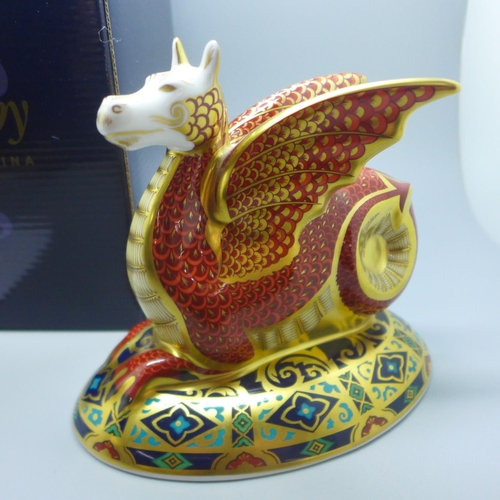 663 - A Royal Crown Derby paperweight - The Wessex Wyvern, Winged Dragon of Wessex, printed marks, gold st... 