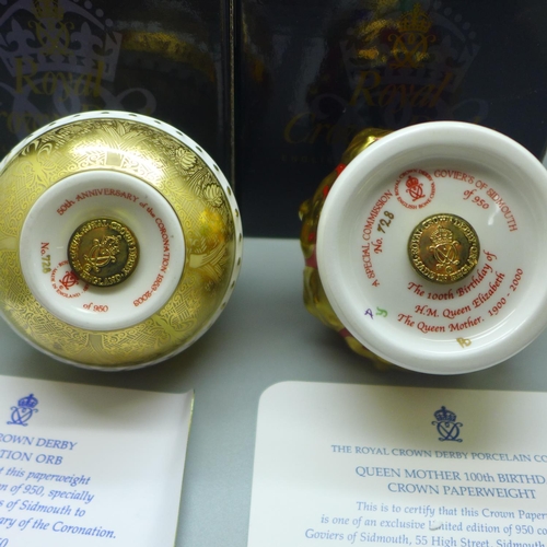 666 - Two Royal Crown Derby paperweights, Coronation orb (Queen's Golden Jubilee) and Heraldic crown (Quee... 