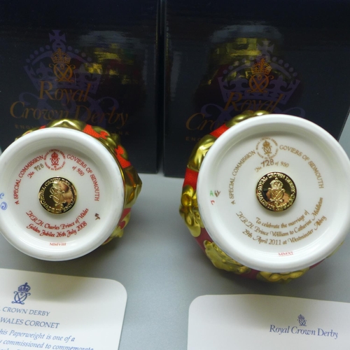 667 - Two Royal Crown Derby paperweights, Prince William coronet and Jubilee coronet (Prince of Wales Gold... 