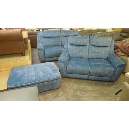 1543 - A Powell teal velvet fabric three seater, two seater sofa and footstool / seat