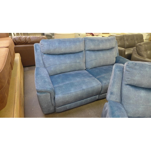 1543 - A Powell teal velvet fabric three seater, two seater sofa and footstool / seat