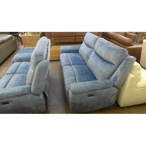 1543 - A Powell teal velvet fabric three seater, two seater sofa and footstool / seat