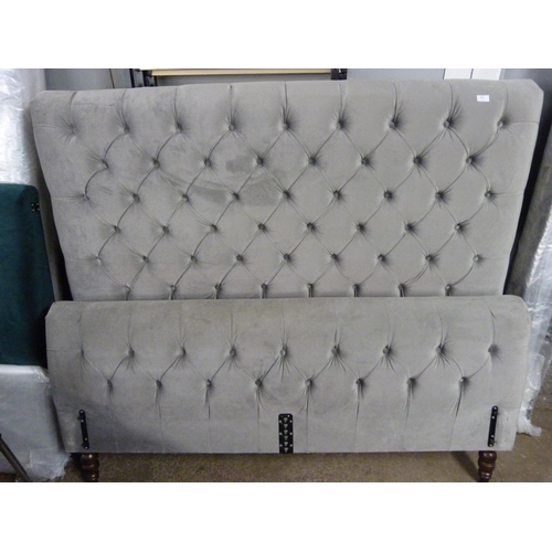 1727 - A grey upholstered kingsize button back bed frame (missing fixings )