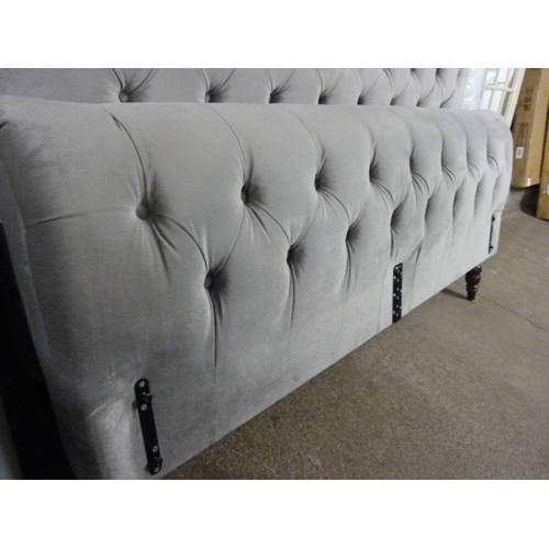 1727 - A grey upholstered kingsize button back bed frame (missing fixings )