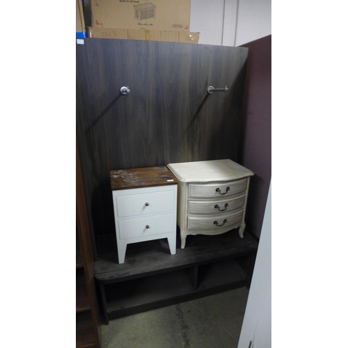 1738 - A hall bench and coat hanger unit and a French style white patina bedside cabinet and a white two dr... 