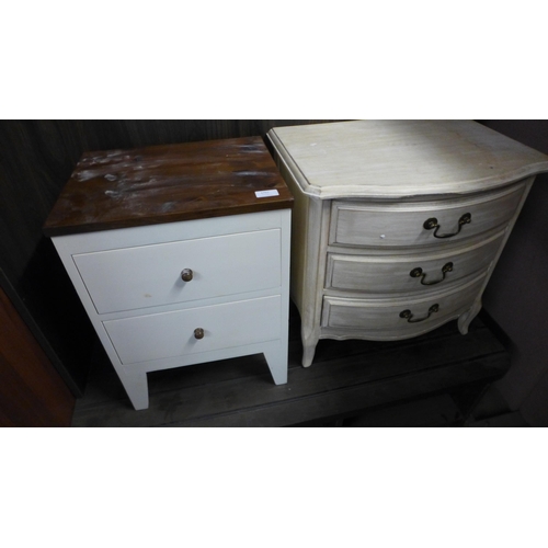 1738 - A hall bench and coat hanger unit and a French style white patina bedside cabinet and a white two dr... 