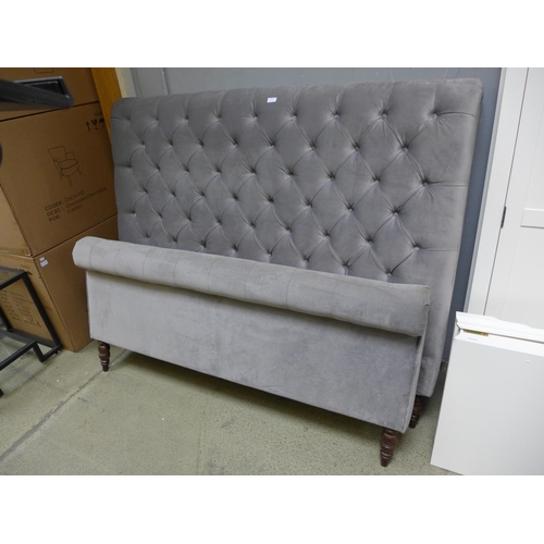 1727 - A grey upholstered kingsize button back bed frame (missing fixings )