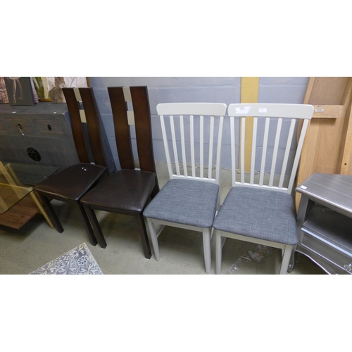 1779 - A pair of grey painted and upholstered dining chairs and a pair of brown high back dining chairs * t... 