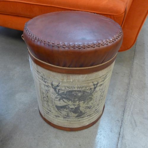 1314 - A stitched leather and hessian stool with Stag design, H 45cms (K120144)   #