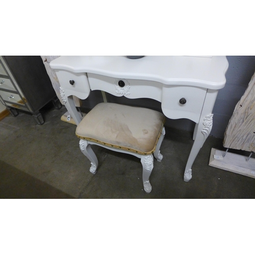 1445 - A white antique style dressing table with stool and mirror