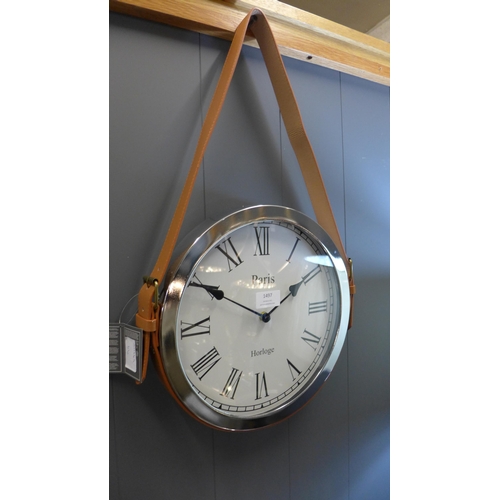 1497 - A Paris wall clock with belt strap hanger, H 57cms x 33cms (CL184112)   #