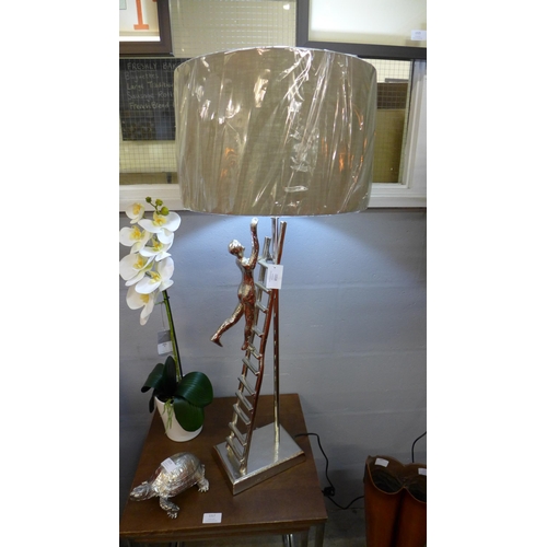 1318 - A silver metal ladder lamp with slate velvet shade, H 69cms (30-830-B062)   #