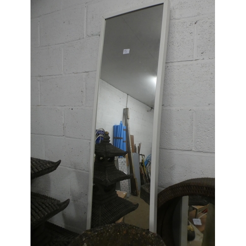 2423 - Two large mirrors: one deep circular with wicker frame and one full length with white wooden frame