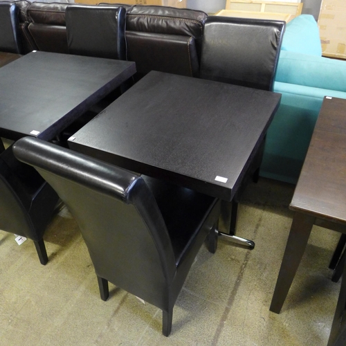 1995 - A square dining table with metal legs and two leather effect chairs