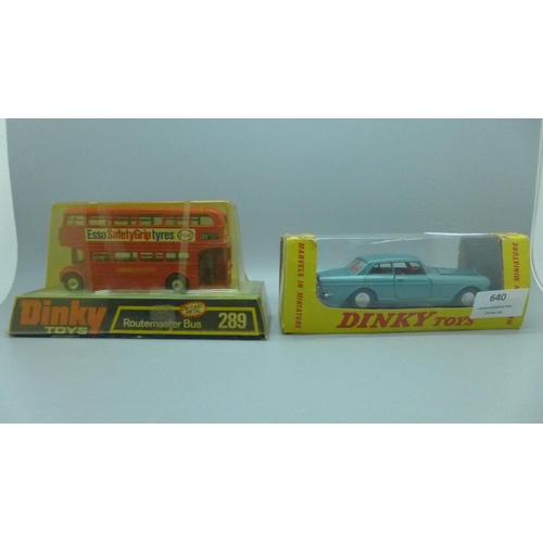 640 - A Dinky Toys 127 Rolls Royce Silver Cloud Mark III, boxed, 289 Routemaster Bus in bubble pack and 28... 