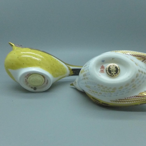 654 - A pair of Royal Crown Derby Bird paperweights - Nightingale, dated 2005, and Yellow Wagtail, date ma... 