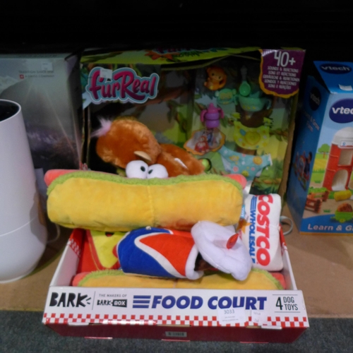 3033 - qty of Bark Food Court Dog Toys and Furreal Piper Baby Monkey      (244-240,241,242)  * This Lot Is ... 