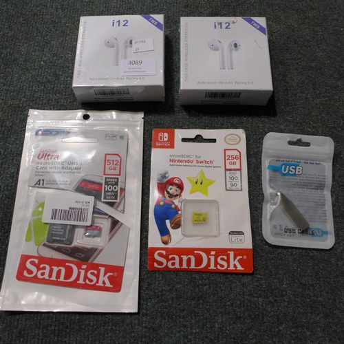 3089 - 2 i12 wireless ear buds, a 1TB USB flash drive and two Sandisk micro SD cards: 512gb & 256gb