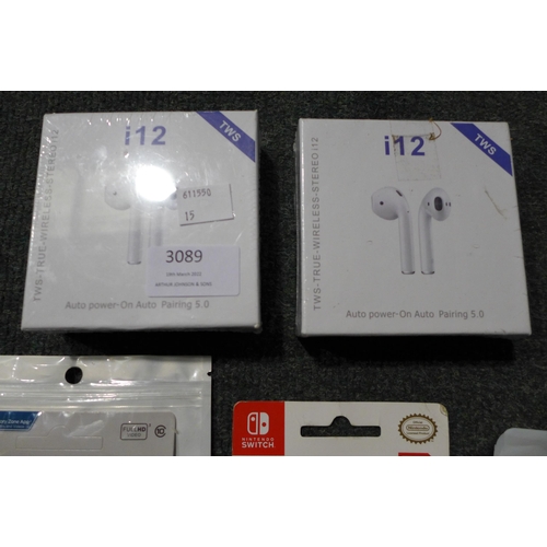 3089 - 2 i12 wireless ear buds, a 1TB USB flash drive and two Sandisk micro SD cards: 512gb & 256gb