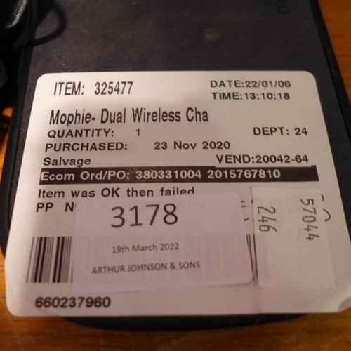 3178 - Mophie wireless /Ls Dual black Charge pad(246 -443)* This lot is subject to vat