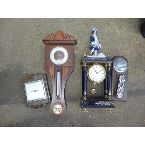2174 - Vintage wall clock with barometer & mirror set plus vintage Gold Crown ornate mantel clock