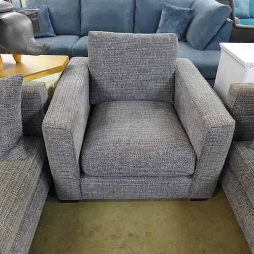 1334 - A grey patterned pair of three seater sofas and armchair