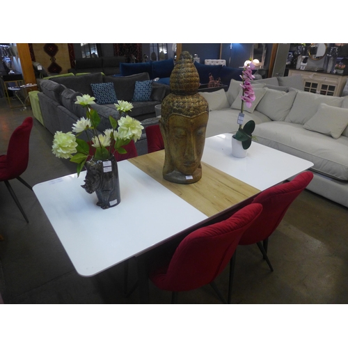 1358 - A Corran white gloss and oak extending dining table with a set of four Arana red velvet chairs