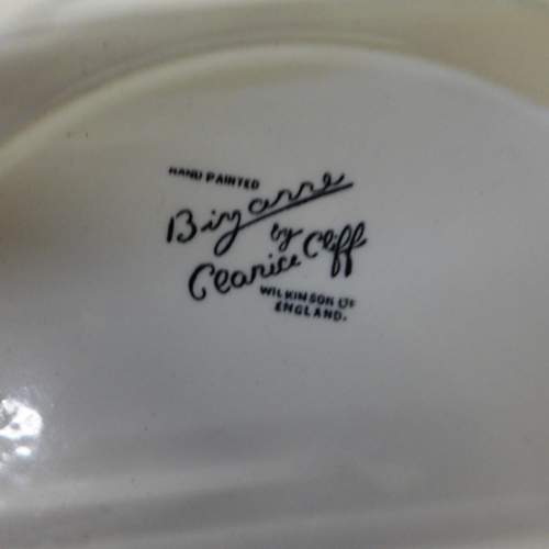 605 - Three 1934 Clarice Cliff Bizarre Crayon Scenes, two plates and a swallow bowl