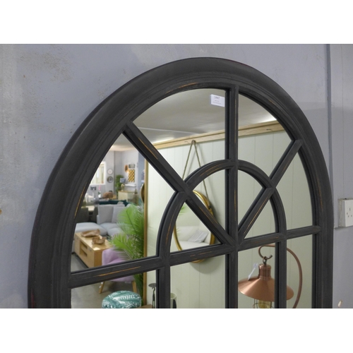 1398 - A large rustic black arched window mirror, H140cms x W80cms (M40172)   #