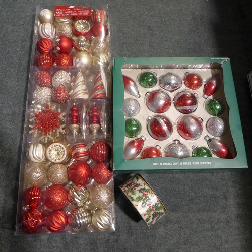 3188 - Ks Wire Edged Ribbon, Two Mixed Packs Of Christmas ornaments       (247-602) * This lot is subject t... 