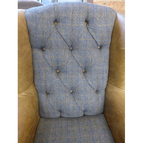 1329 - A Chester Harris Tweed and Cerato leather wing back  armchair - small cut in leather as per photogra... 