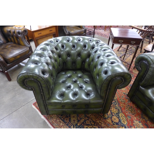 12 - A green leather Chesterfield settee and matching club chair