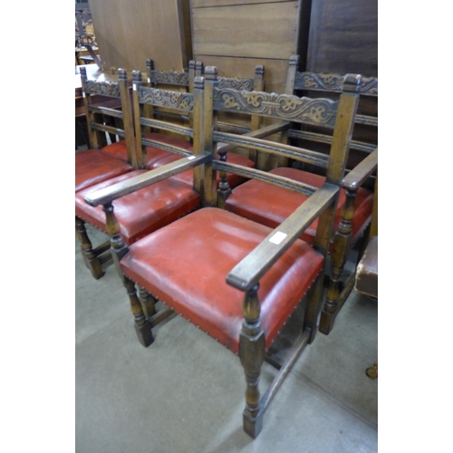 232 - A set of six 17th Century style carved Ipswich oak and red leather chairs